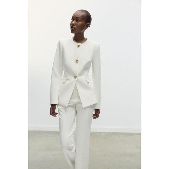 Zara Womens Fitted Blazer XL White Suit Jacket Gold Tone Button 2399/593 NWT - Picture 1 of 16